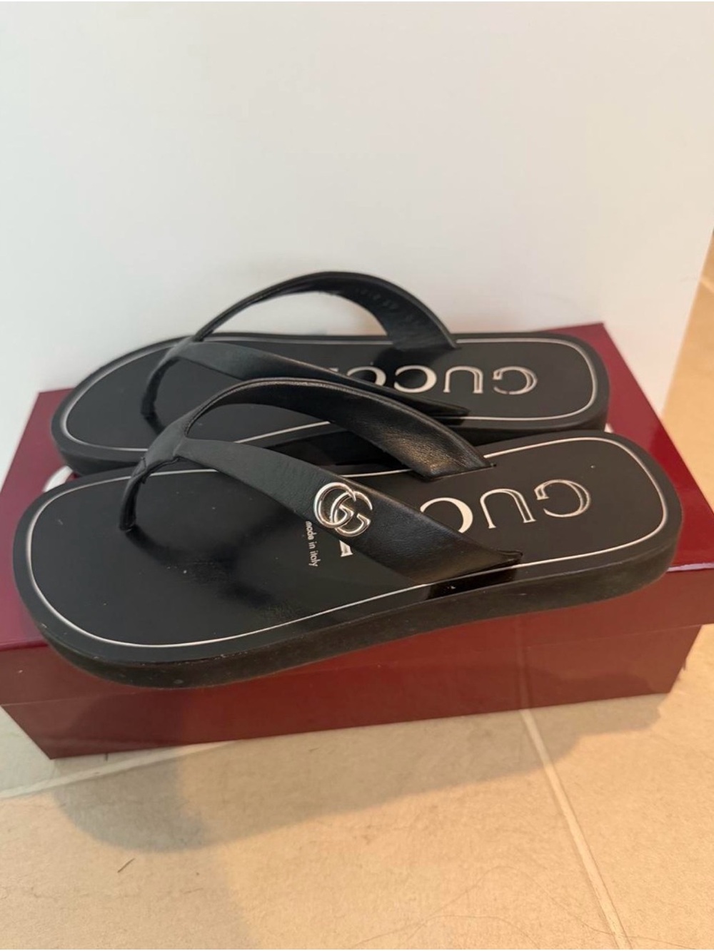 Gucci Black Platform Logo Thong Sandals